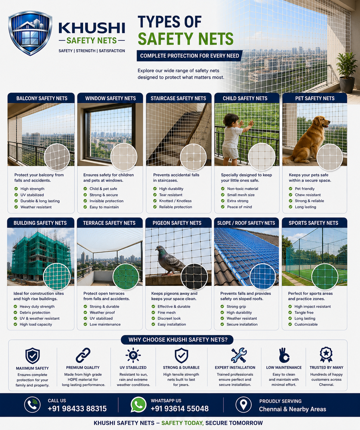 Types of Safety Nets Chennai - Balcony Pigeon Children Pet